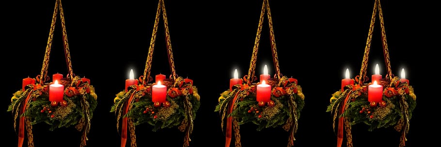 four green-and-red candle holders, advent, christmas, christmas time, HD wallpaper