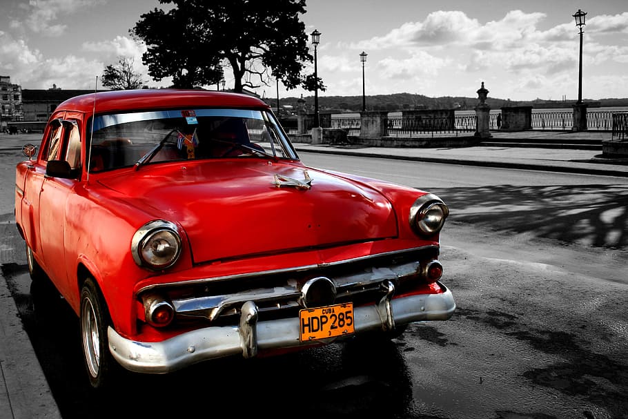 red car on road, cuba, havana, auto, oldtimer, vehicle, mode of transportation HD wallpaper