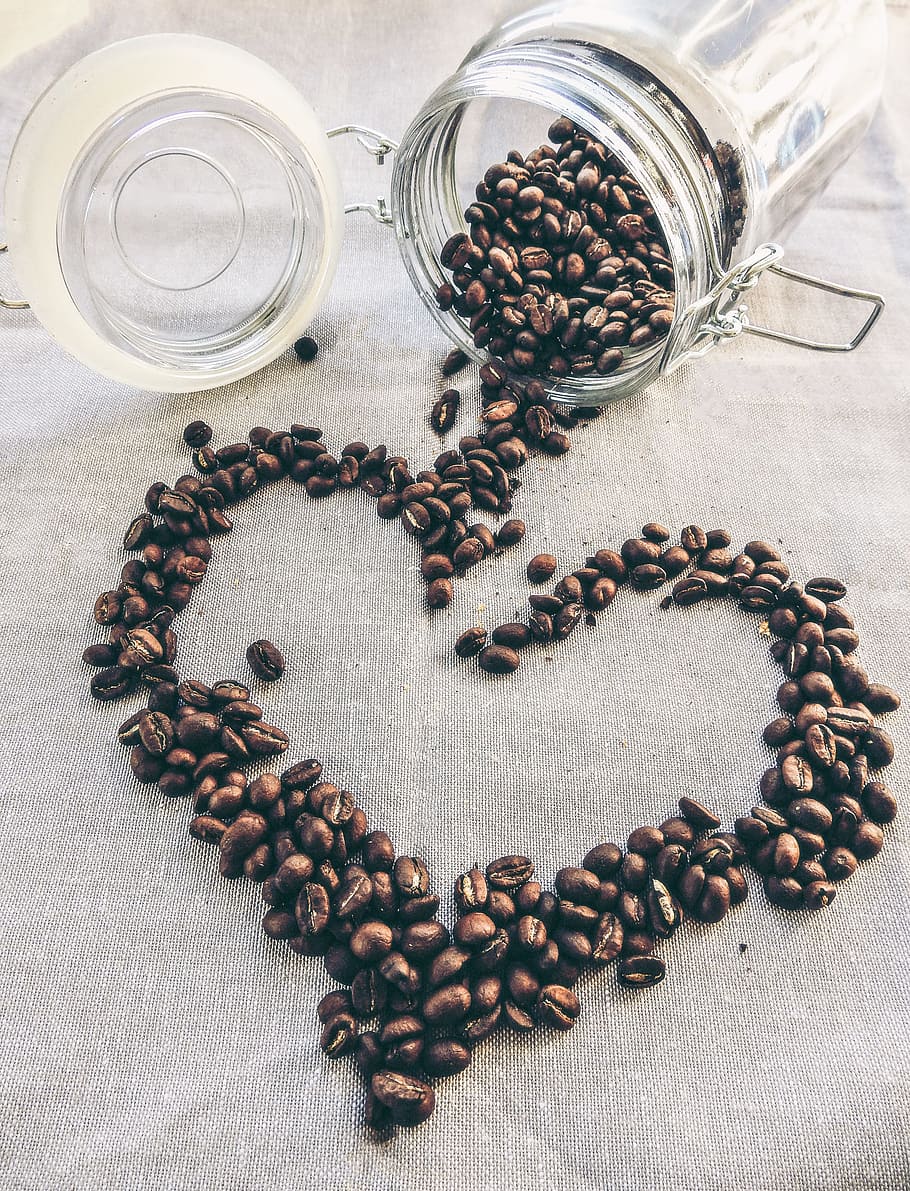 coffee beans in glass canister, jar, heart, shape, vintage, food and drink