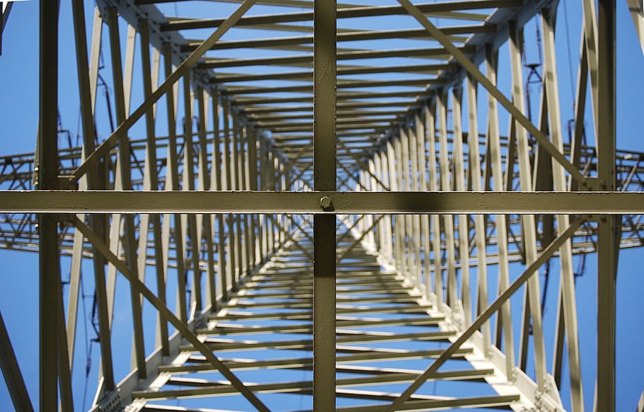 high voltage, strommast, power line, perspective, architecture HD wallpaper