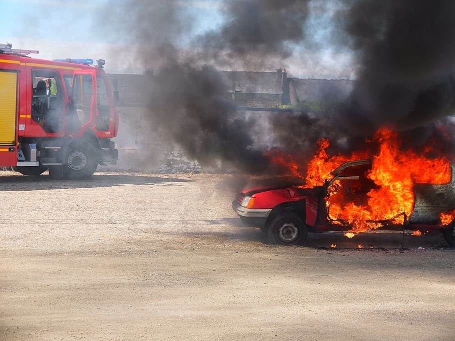 burning vehicle near firetruck at daytime, Firefighter, Relief HD wallpaper