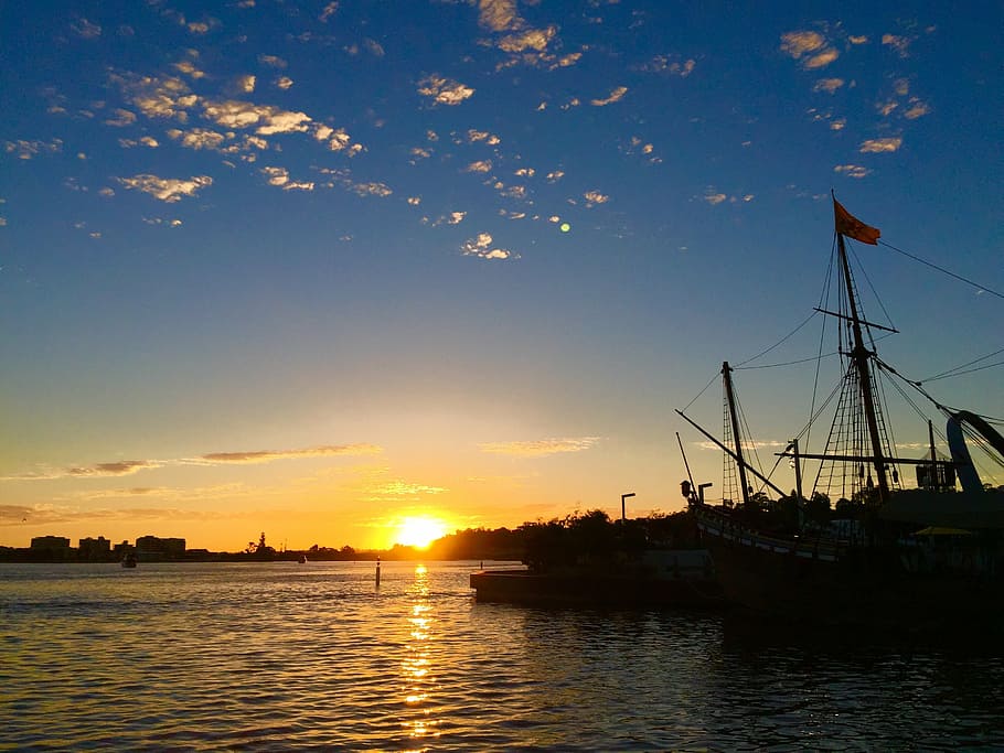 sunset, elizabeth quay, perth, australia, jetty, boat, waterfront, HD wallpaper