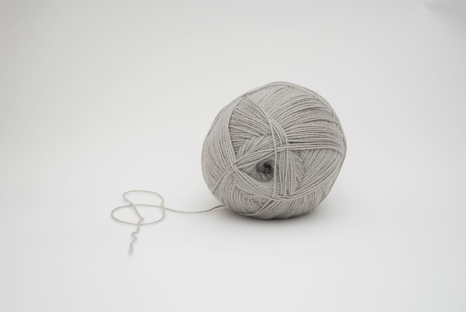 ball of yarn, gray yarn ball on white surface, wool, string, thread, HD wallpaper