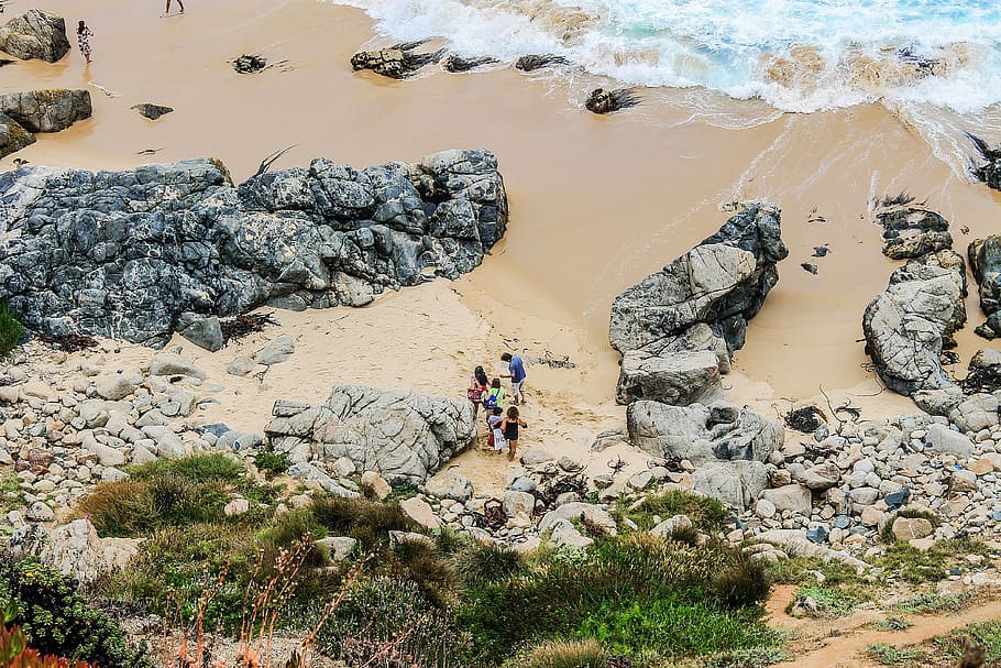 Rocks, Sand, Beach, Water, summer, costa, sea, waves, stone HD wallpaper