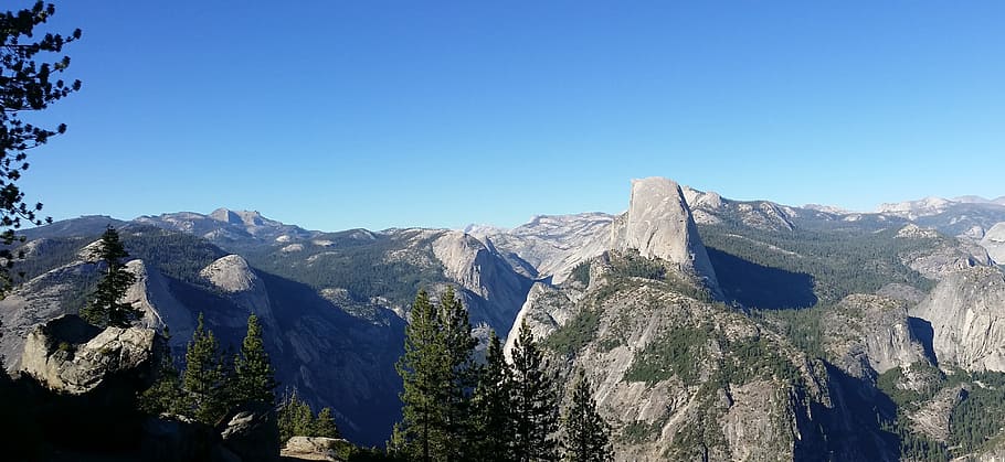halfdome, panorama, yosemite, mountains, summer, spring, trees HD wallpaper