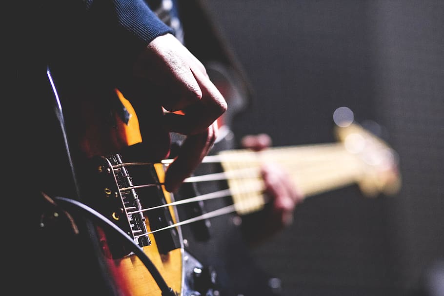 person playing bass guitar, crafts, hobby, music, instrument HD wallpaper