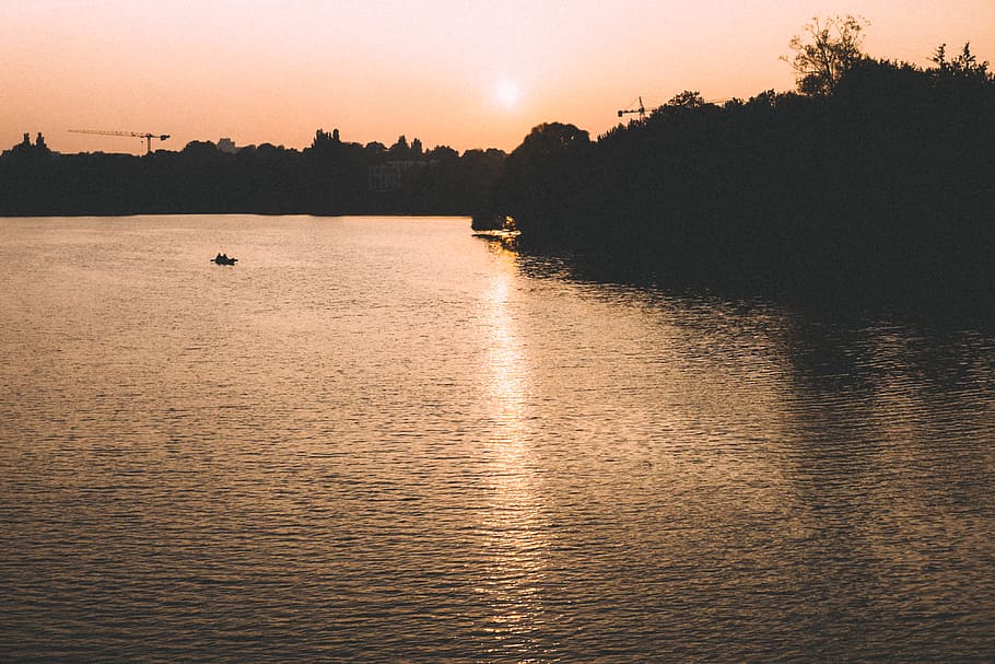 Sunset on a lake, landscape, water, nature, reflection, dusk HD wallpaper