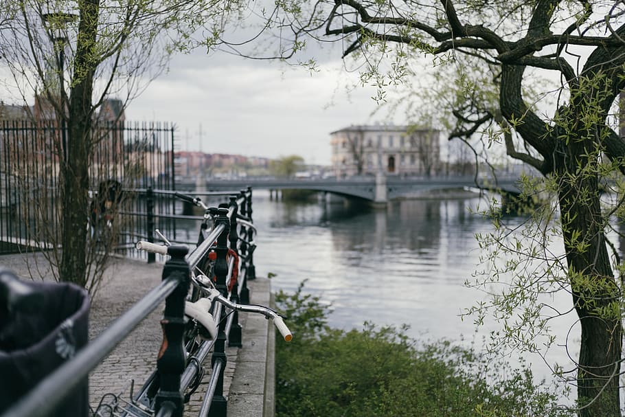 shallow focus photo of bicycles, bicycle leaned on gray metal rail at daytime HD wallpaper