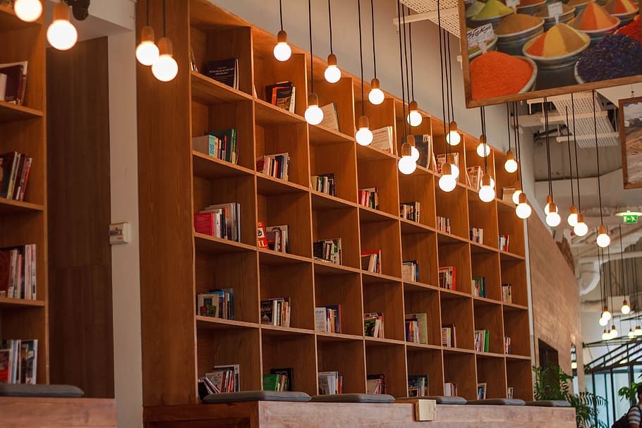 string lights hanging near brown wooden shelves, bulb, book HD wallpaper