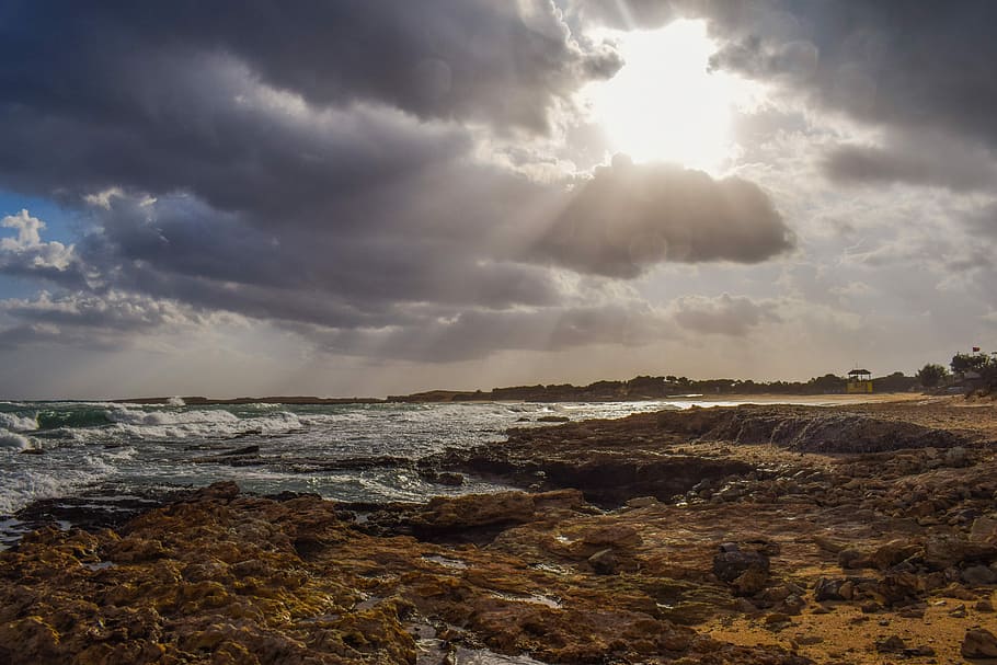 Beach, Coast, Sunset, Sea, Clouds, sky, light, sunlight, sunbeam HD wallpaper