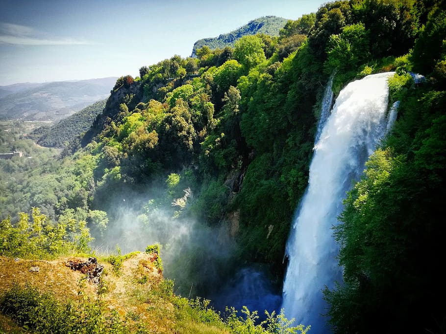 waterfall, marmore, drops, green, landscape, nature, beauty in nature HD wallpaper
