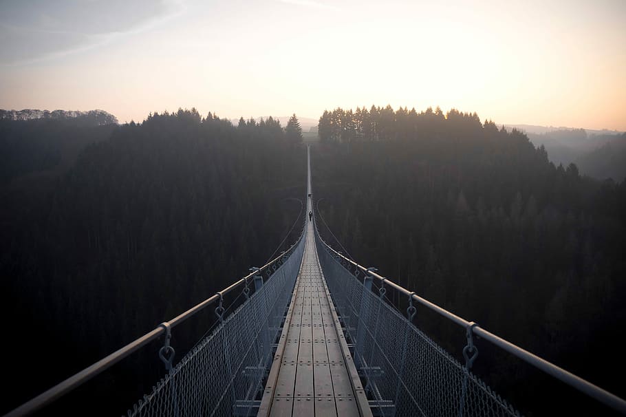 hanging foot bridge during dusk, suspension Bridge, bridge - Man Made Structure, HD wallpaper