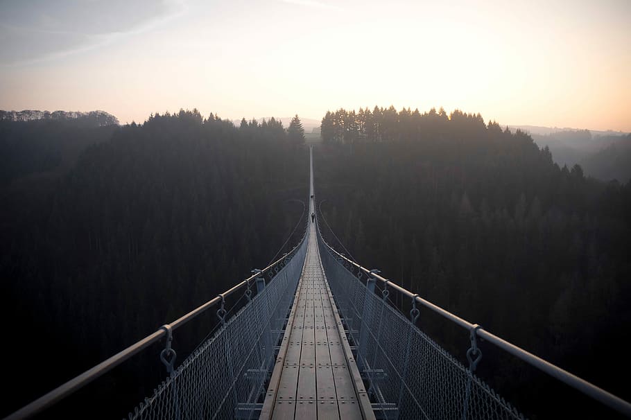 hanging foot bridge during dusk, suspension Bridge, bridge - Man Made Structure HD wallpaper