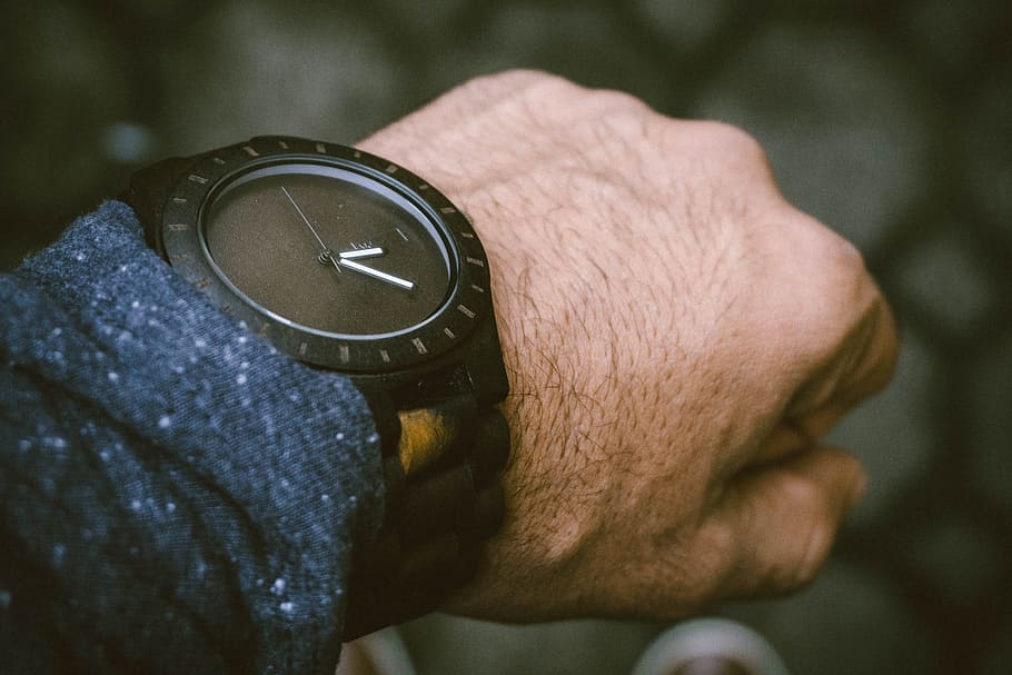 round black analog watch in left human wrist, person wearing round black analog watch at 12:05, HD wallpaper