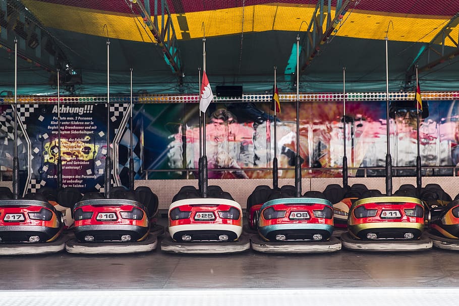 parked bumper cars, assorted color bumper carts, transportation HD wallpaper