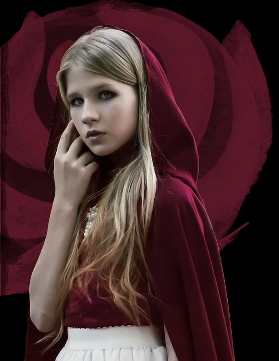 girl wearing red hood, cloak, rose, flower, fantasy, blonde, dark, HD wallpaper