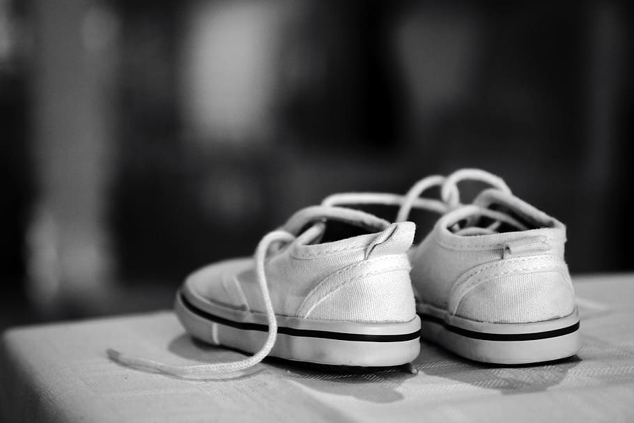pair of white low-top sneakers grayscale photo, Child, Shoe, Black And White
