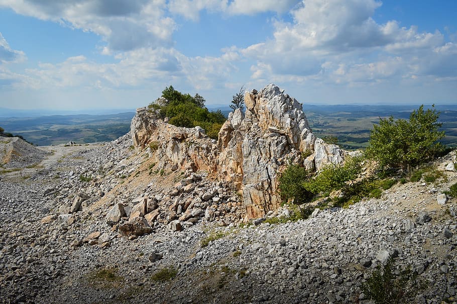 stone, mine, sky, blue, clouds, rock, mineral, quarry, geology HD wallpaper