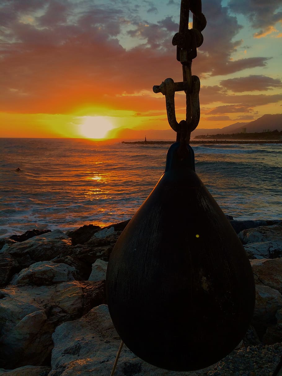 Sunset, Sea, Orange, Beach, Boat, Buoy, calm, romance, adventure HD wallpaper