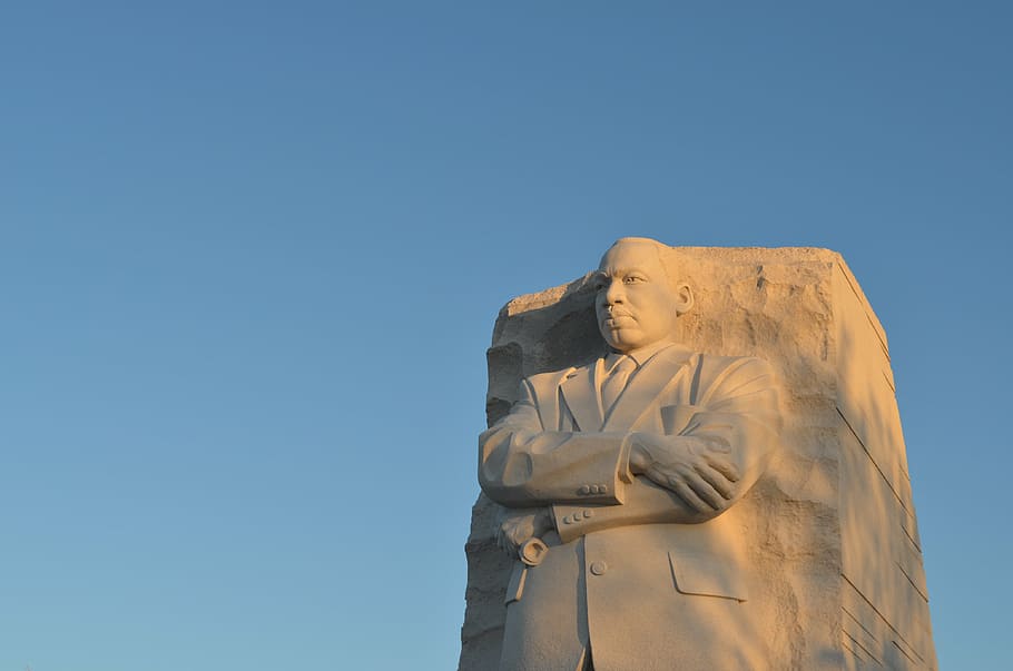 Martin Luther King statue, blue, sky, man, sculpture, design, HD wallpaper
