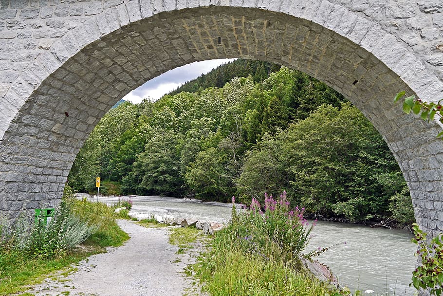 alps river, viaduct, stone arch, fieschertal, wysswasser, trail, HD wallpaper