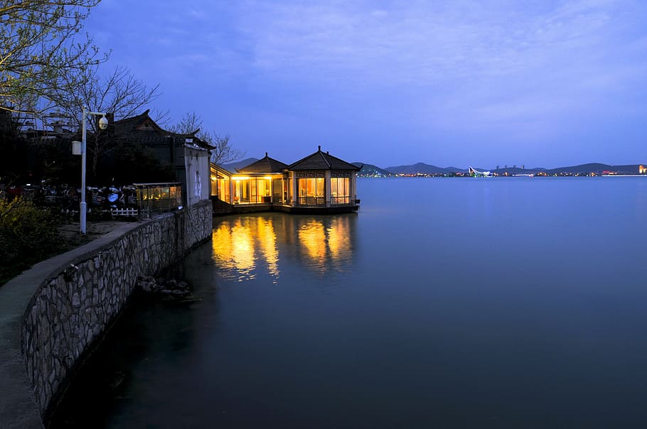 catering, lake, light, quiet, architecture, water, built structure HD wallpaper