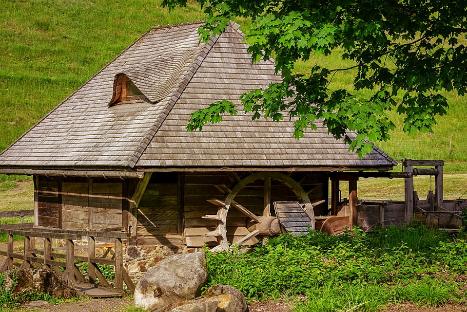brown wooden house with mill, water mill, old mill, romantic HD wallpaper