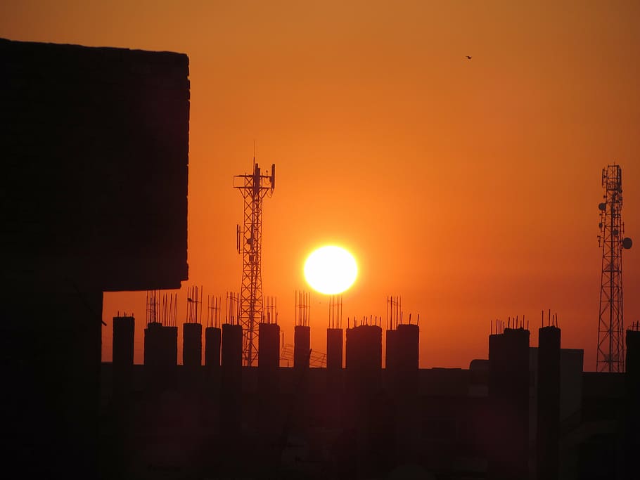 sunrise, red, sky, egyptian building, columns, sunset, silhouette HD wallpaper