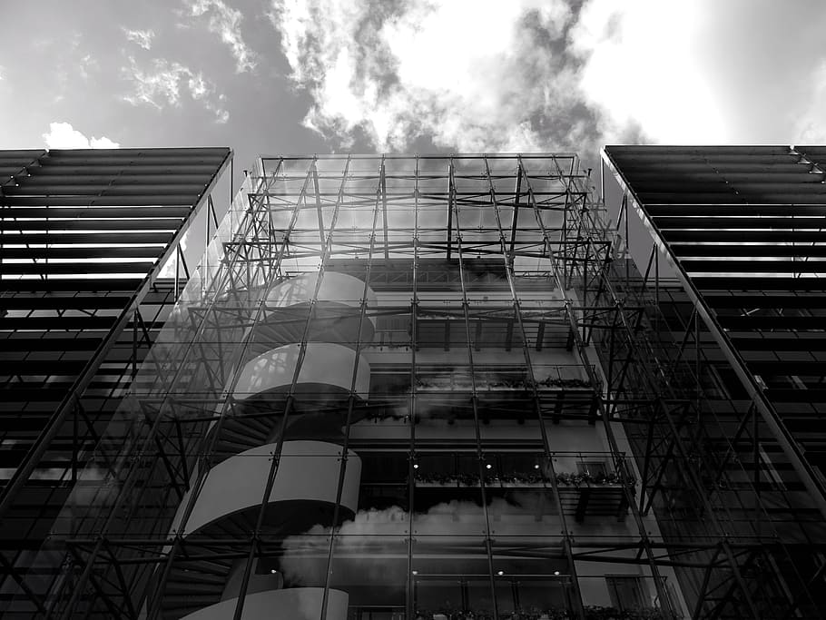 black-and-white, sky, clouds, construction, architectural design HD wallpaper