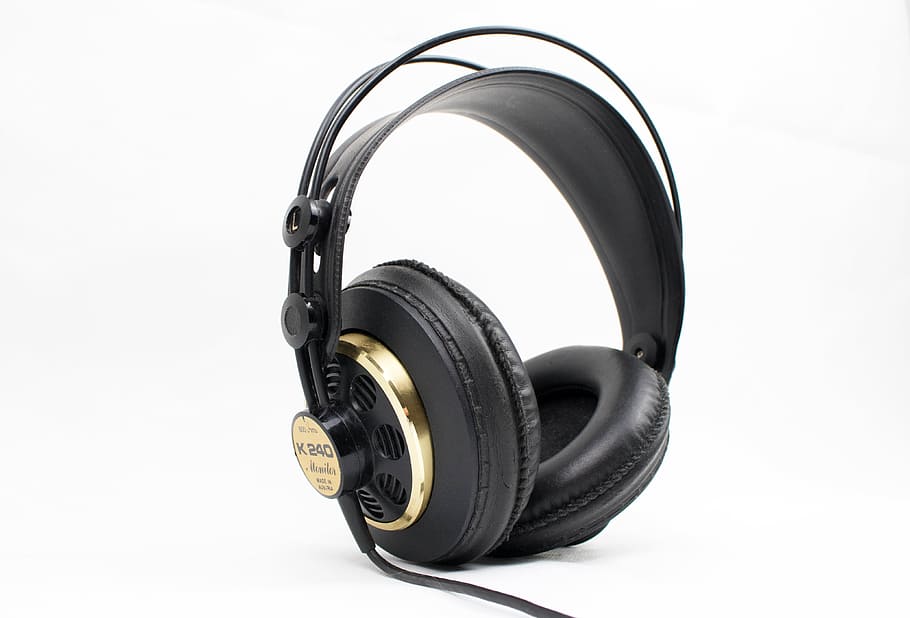 black and gold corded headphones, retro headphones, akg headphones