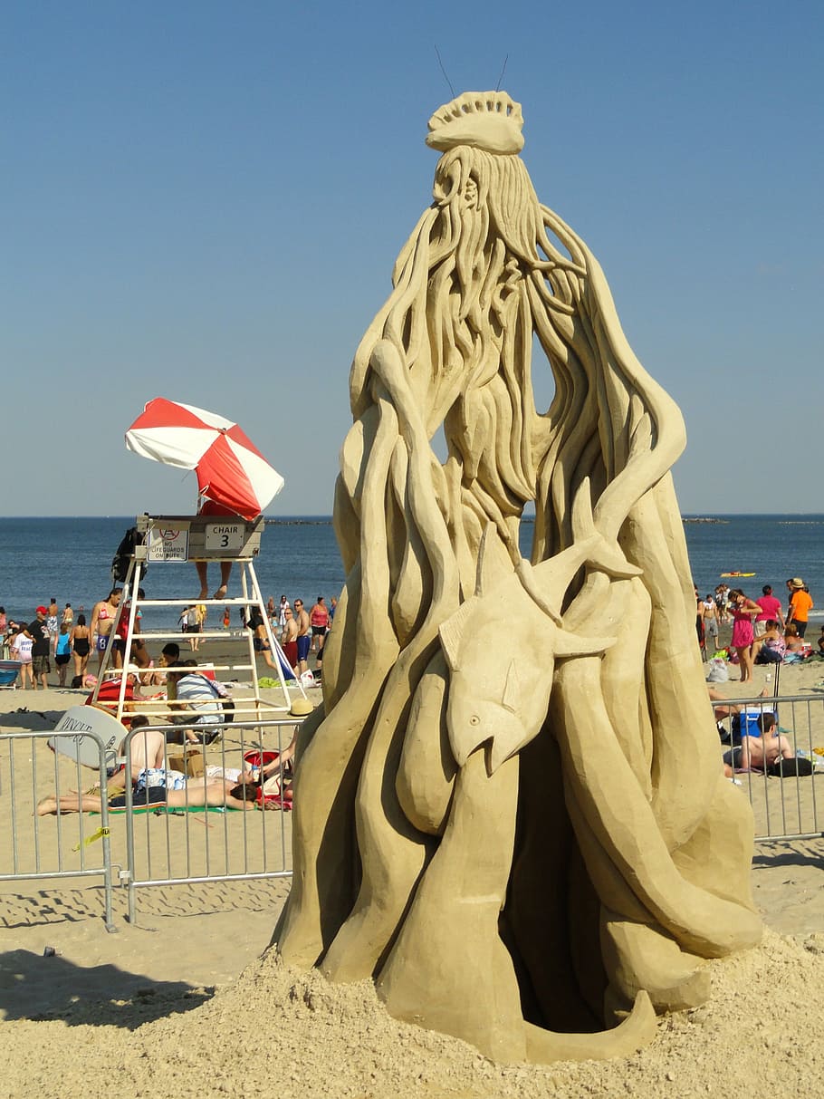 sand, sculpture, beach, sky, sun, design, scene, peaceful, fish HD wallpaper