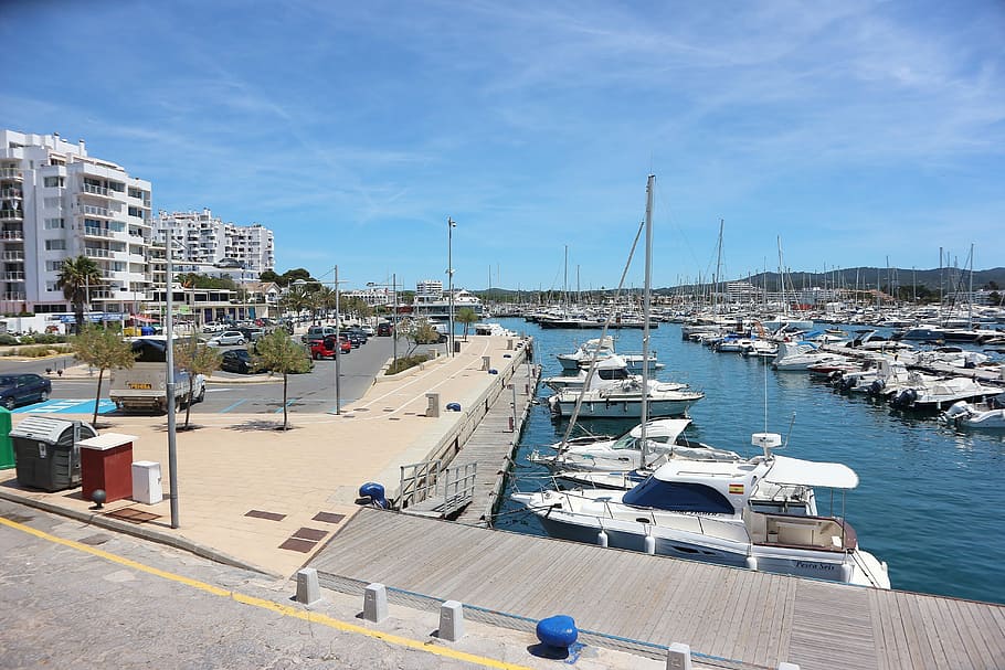 Spain, Port, Ibiza, Sant Antoni, beach city, sea, boats, mediterranean