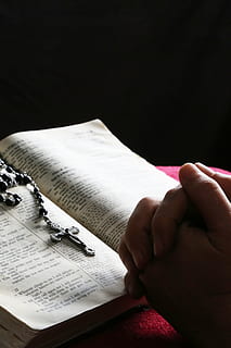 person praying in front of the rosary and bible, prayer, holy HD wallpaper