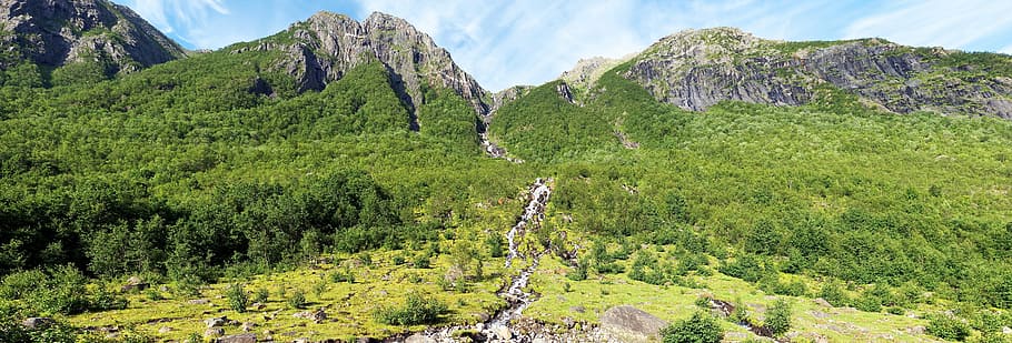 mountain, norway, valley, trees, landscape, wilderness, scenery HD wallpaper