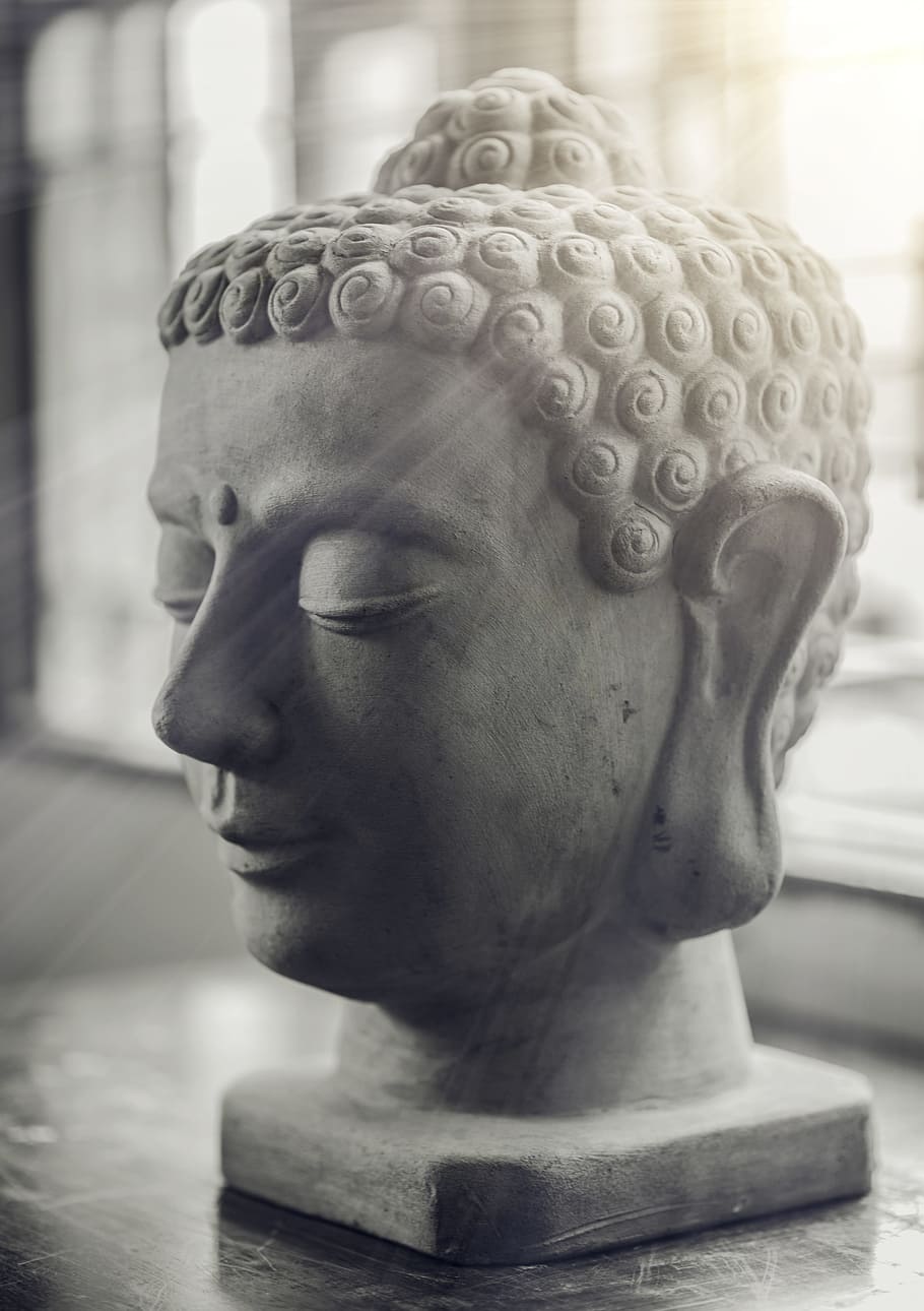 Selective Focus of Gautama Buddha Bust, ancient, art, black-and-white, HD wallpaper
