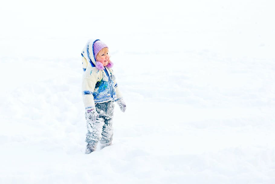 toddler girl standing on snow covered ground, baby, winter, frost, HD wallpaper