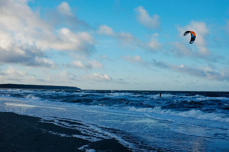 Kitesurfing, landscape, sports, sea, beach, kiteboarding, wave HD wallpaper