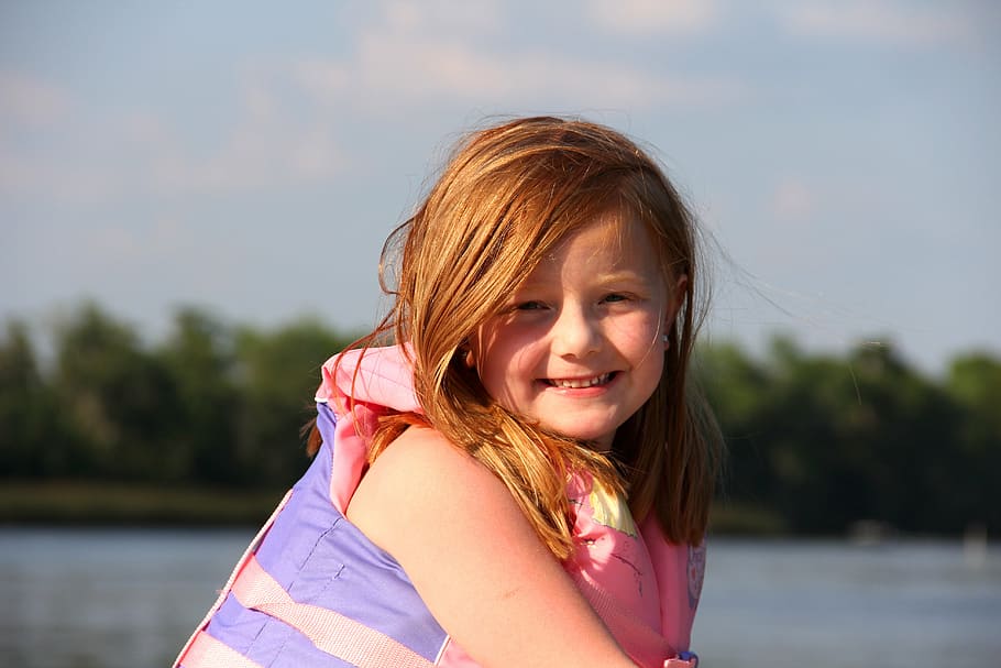 girl wearing lifevest, redhead girl, boat, young, pretty, lifejacket, HD wallpaper