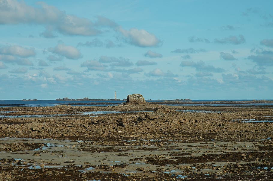 ebb, tides, sea, rock, lighthouse, brittany, coast, sky, water HD wallpaper