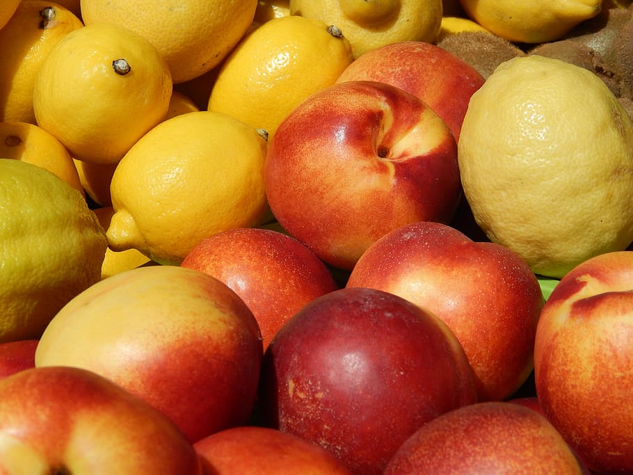 nectarines, fruit, lemons, red, summer, natural, food, citrus Fruit HD wallpaper