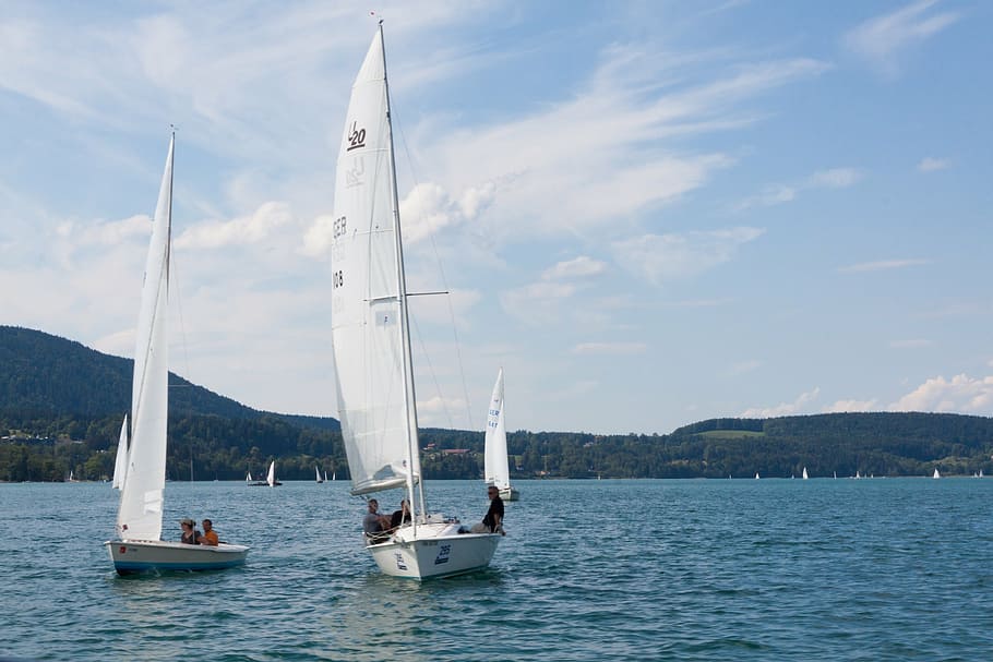 ship, sailing vessel, boot, white, hill, forest, water, lake HD wallpaper