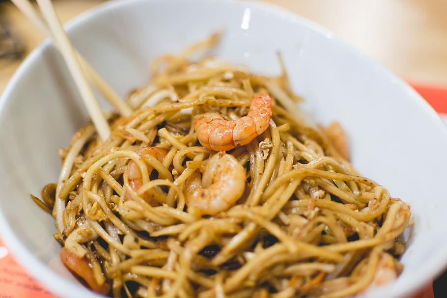 Shrimps noodles, close up, vietnamese, food, pasta, spaghetti, HD wallpaper