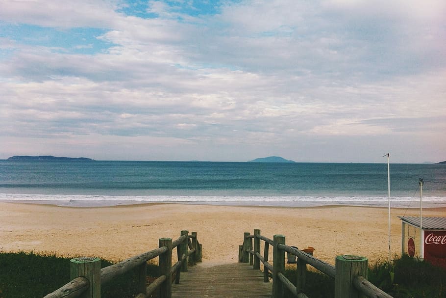 Clouds, Water, Beach, Sand, Waves, sky, dock, wood, shore, ocean HD wallpaper