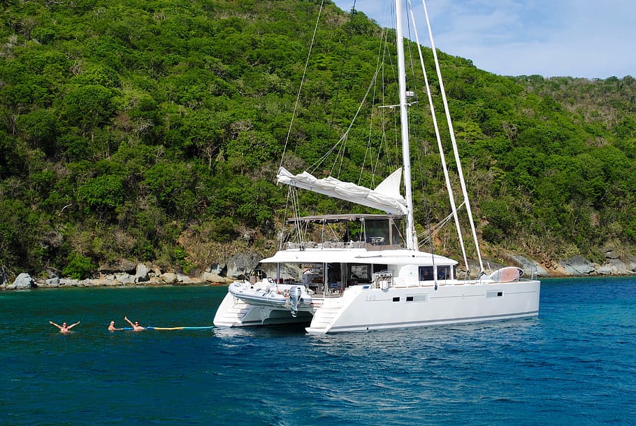 white boat on calm water during daytime, caribbean, catamaran