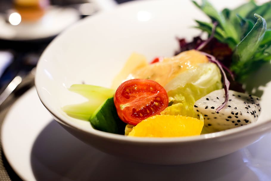 Sliced Tomatoes and Fruits on White Round Bowl, basil, cucumbers HD wallpaper