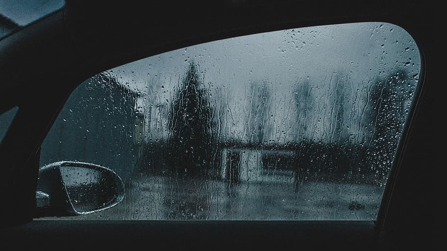 rainwater dew on car windshield, window, mirror, glass, weather