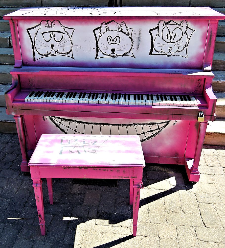 pink piano, streetside, city center, ontario, canada, day, no people