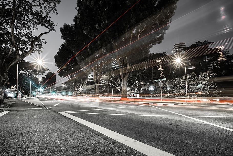 light photography of street at night, time lapse photo of road near lamp post, HD wallpaper