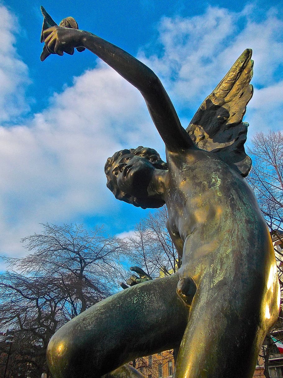 angel, cherub, wings, blue sky, mariatorget, stockholm, statue, HD wallpaper