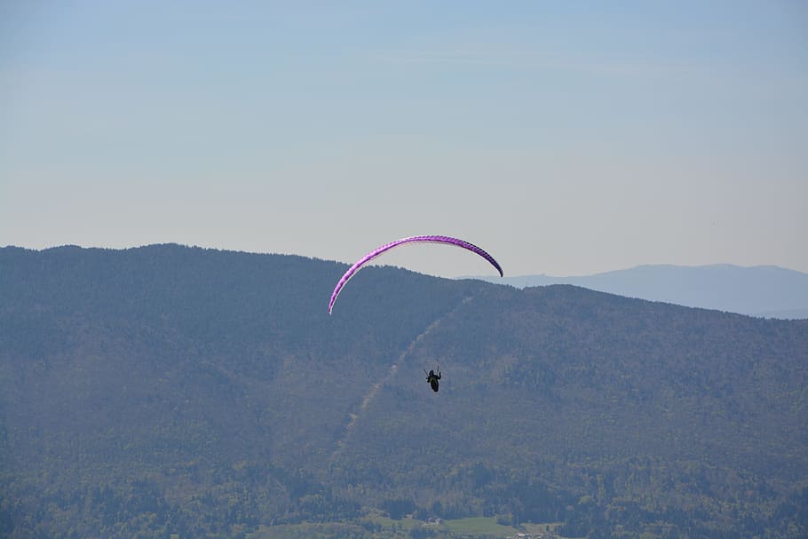 paragliding, flight, mountain, blue sky, haute savoie, annecy HD wallpaper